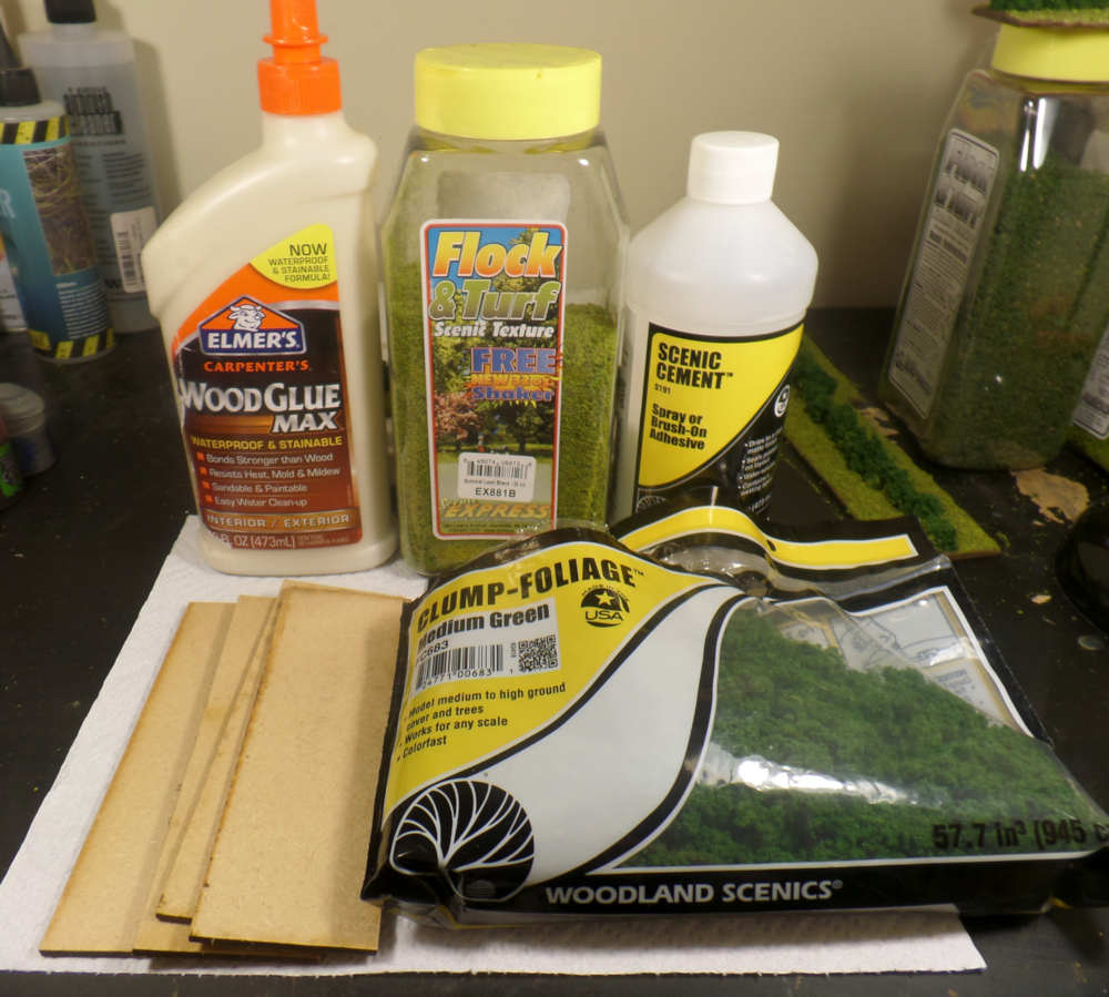 Elmer's Wood Glue, Scenic Cement, MDF Bases, Turf, and Woodland Scenics Clump Foliage